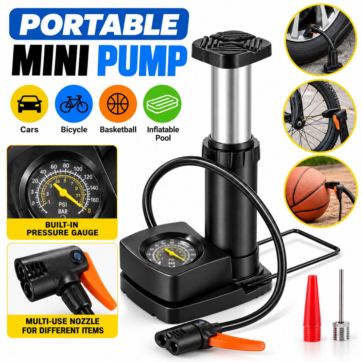 Portable Air Pump With Pressure Meter for Car, Bike, Bicycle, Motorcycle, Football & Inflatable Toys | Foot Pump